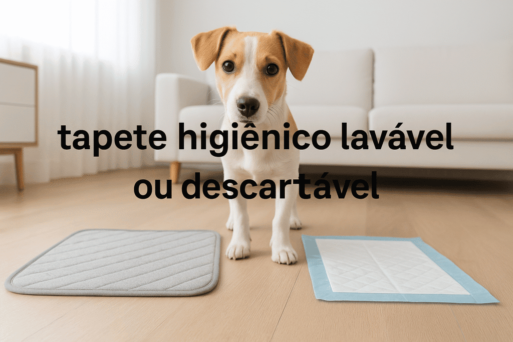 Cachorro curioso ao lado de um tapete higiênico, representando a escolha entre tapete lavável ou descartável