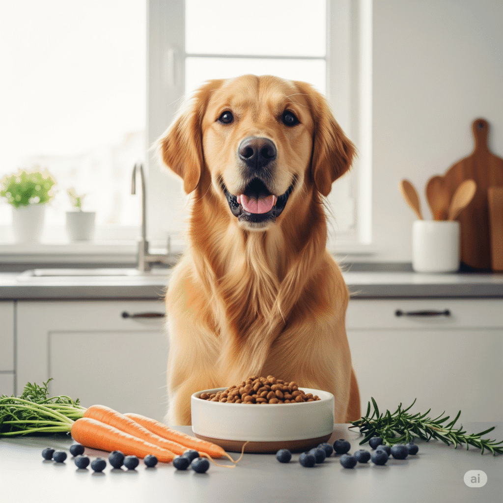 Um cão feliz e saudável, com pelo brilhante, ao lado de uma tigela com ração natural, ilustrando o tema do artigo sobre as top 5 rações naturais para cães em 2025.