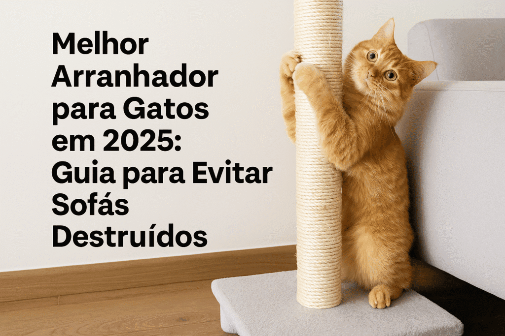 Imagem ilustrativa de um gato usando arranhador moderno em ambiente doméstico. Ideal para artigo sobre o melhor arranhador para gatos em 2025, com foco em proteção de móveis e bem-estar felino.