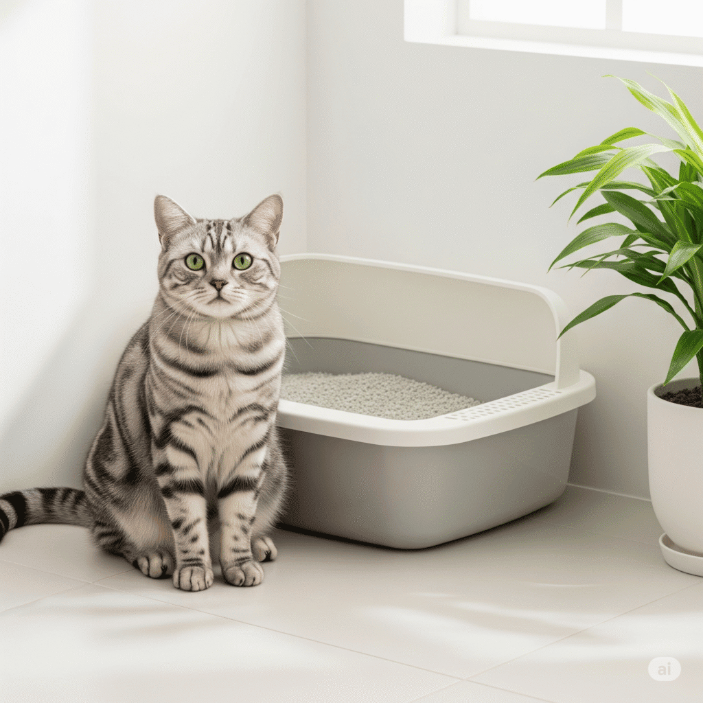 Gato prateado (silver tabby) feliz e saudável sentado ao lado de uma caixa de areia moderna e impecavelmente limpa, num ambiente claro e minimalista, ilustrando o guia sobre as melhores areias para gatos em 2025.
